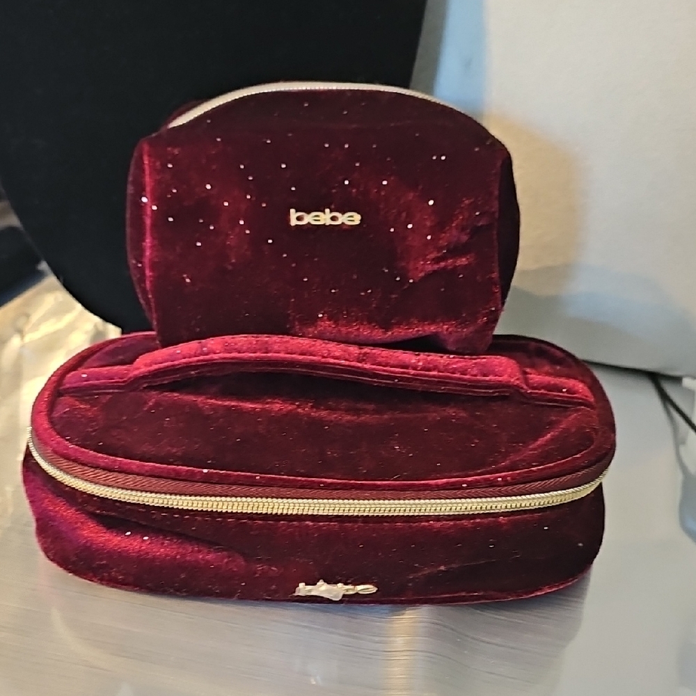 NWOT Bebe Deep Red Velvet Cosmetic Bag Set